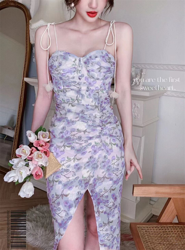 New in early summer! [Joyce standing] small fresh broken flower slit thin dress ys2-070# JJ