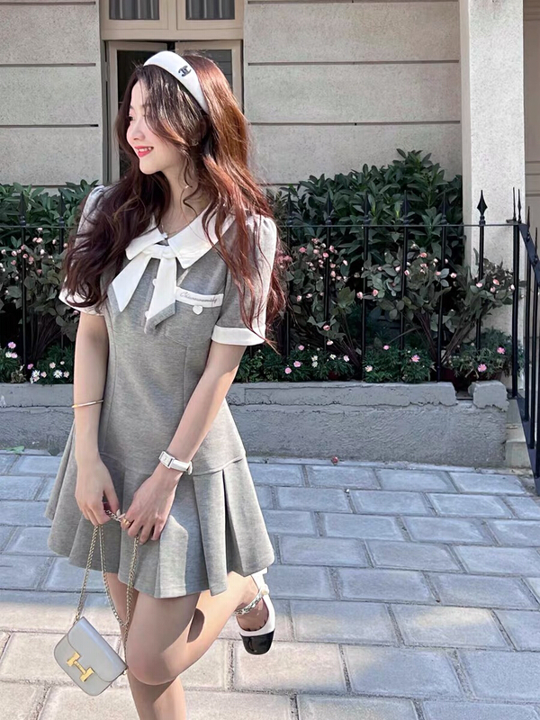 [RM. HH] embroidered pleated polo collar contrast dress 321-1# ozq
