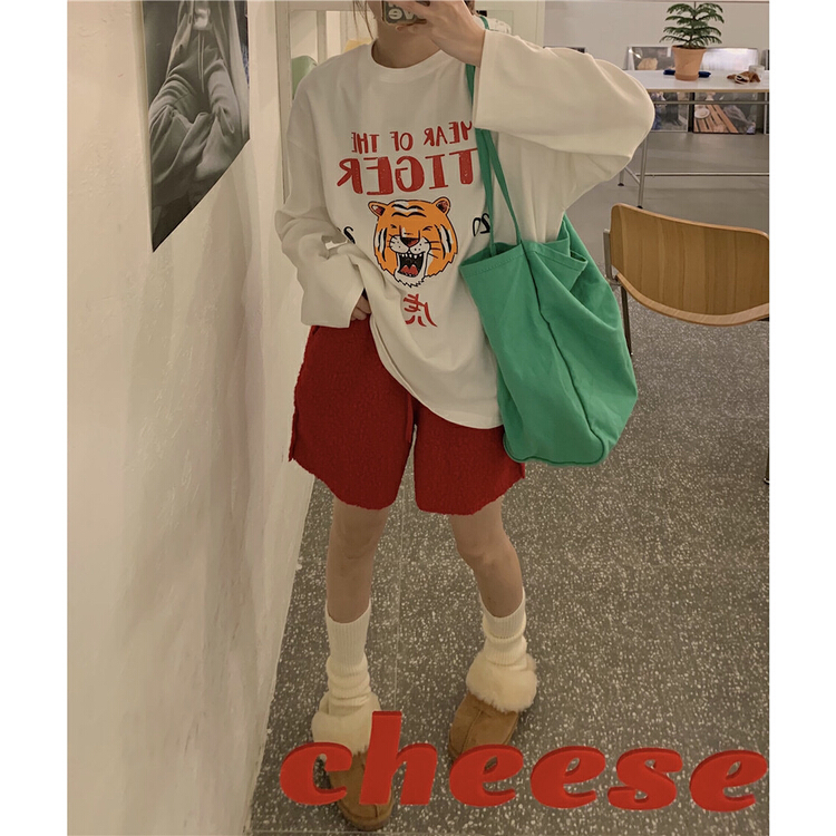 New year in early spring! [timely rain] Korean style ins loose long sleeve printed letters tiger cotton loose long sleeve T-shirt u2127# jhy