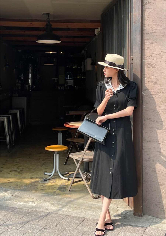 [acme group] fashion temperament lace collar splicing single breasted short sleeved dress 1263# CLS