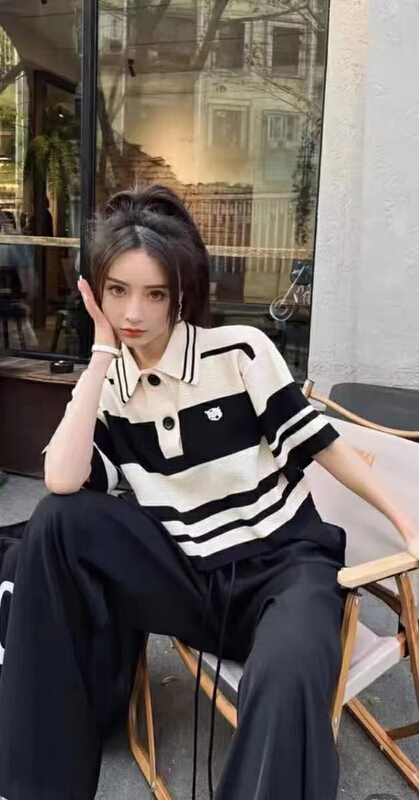 [kakamee] Korean striped embroidery short ice silk polo shirt 223# LSL