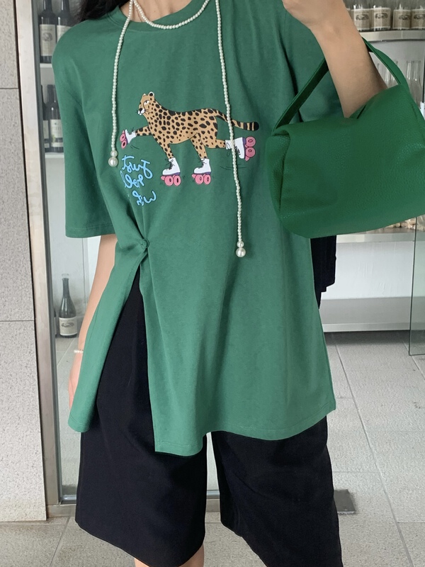 New in early summer! [meet+studio] leopard print split design Short Sleeve T-shirt 52350\lsl