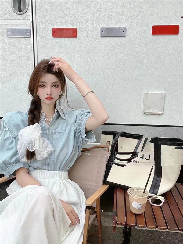[Yan Zhen] Korean casual denim shirt + high waist slim lace skirt suit 88303# PCZ