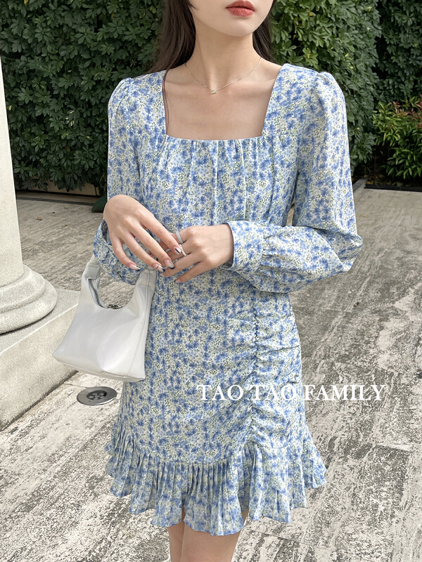 New year in early spring! [Taotao family] Fashion Square Neck thin floral dress 6073# lwy