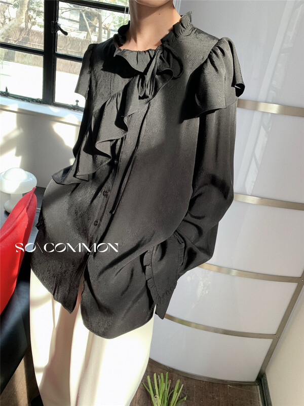 [so common] ruffled lace up shirt 62218# jhy