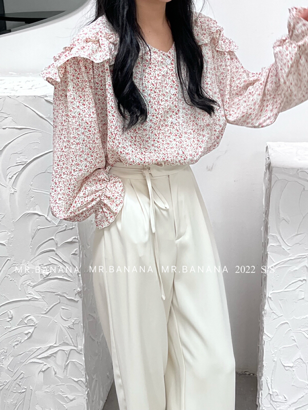 New year in early spring! [mr.banana] Korean version simple temperament, versatile Ruffle edge small design Vintage Flower Chiffon shirt 1069# L
