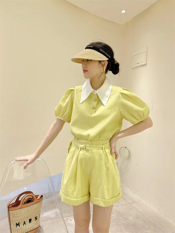 [miss Jiao] Korean style texture color contrast Top + flanging casual Shorts Set (with belt) 3733# CLS