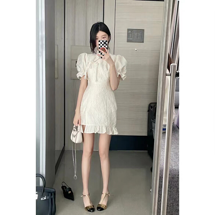 New in early summer! [smile baby] new sweet wind diagonal buckle three-dimensional split split bubble sleeve dress b3006# WPL