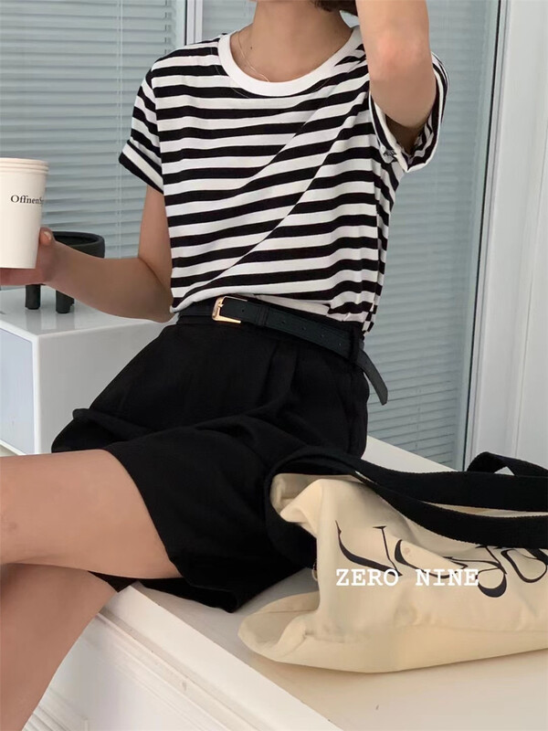 [zero-nine 09] Korean round neck contrast stripe short sleeve T-shirt 9315# zjy