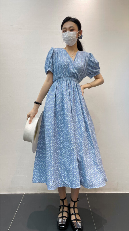 [sk-11] V-neck floral slim dress (with hair circle) 750# XYJ