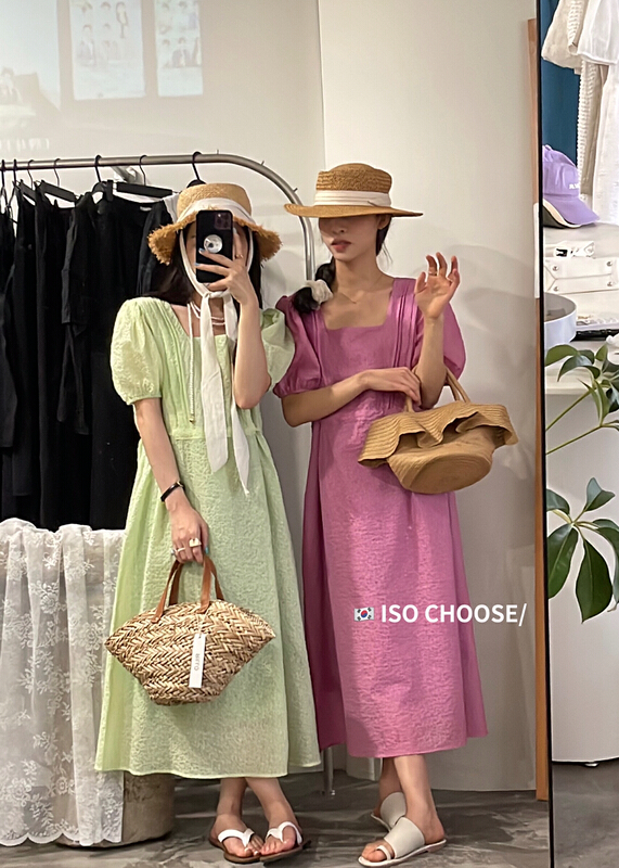 [ISO Korean] square neck French style design with bubble sleeve dress (with waist rope) 66168# hjy