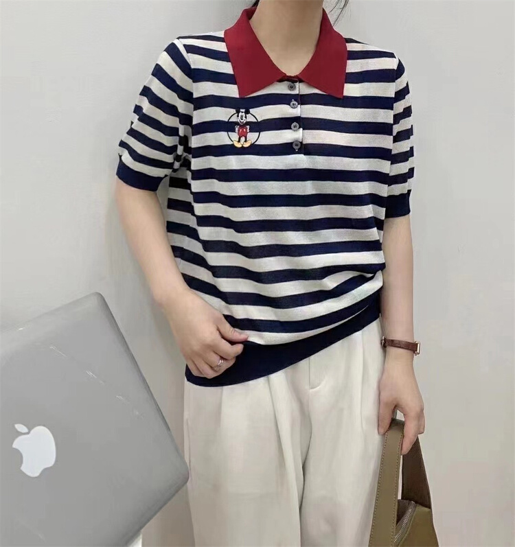 [an studio] Mickey embroidery comfortable Stripe Polo 6625# L