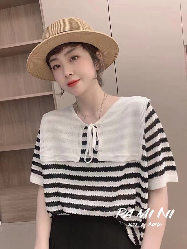 New in early summer! [pamini] Navy collar color contrast stripe T-shirt 22107# Cl