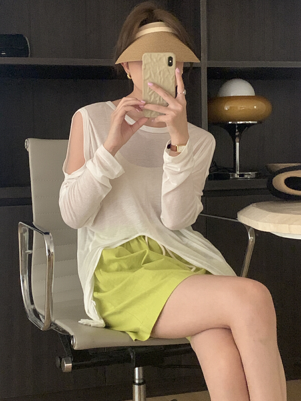 [on line] Tencel versatile solid color skin friendly long sleeved off shoulder sunscreen shirt a36799# lwy