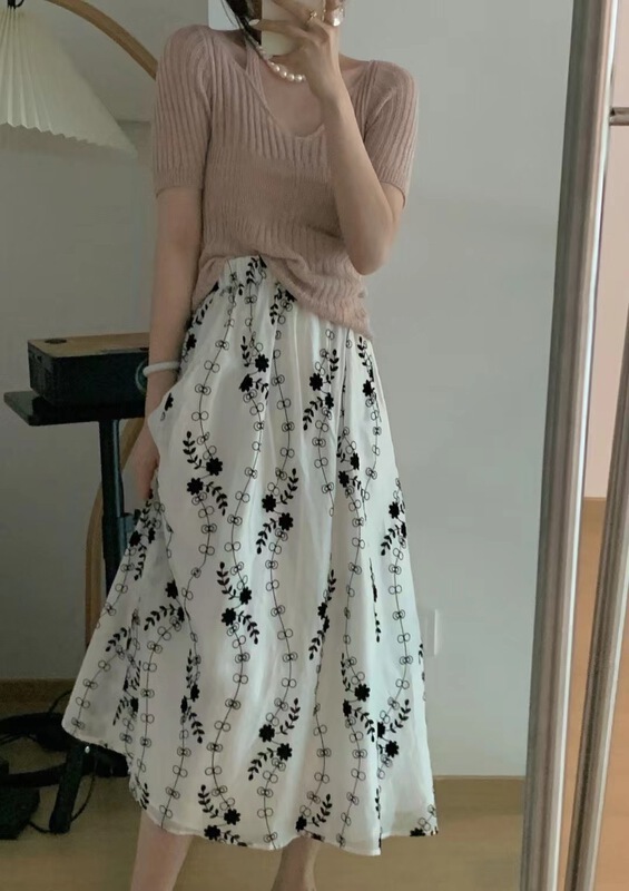 [sunshine] simple hanging neck short sleeved blouse + elastic waist floral skirt two-piece suit 88211# cqw