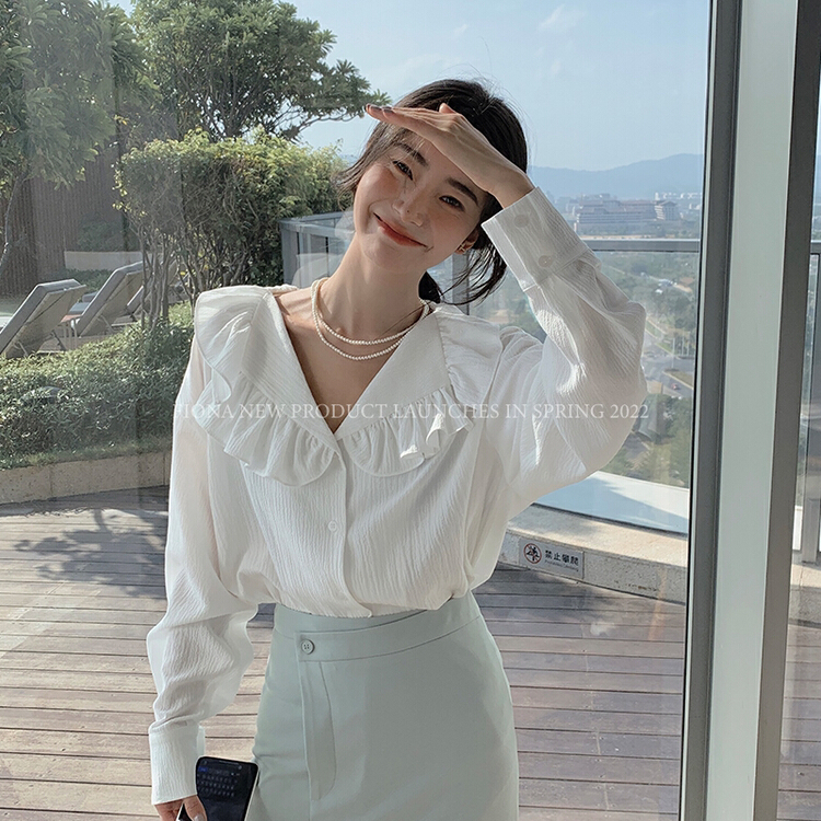 goods in stock! New year in early spring! [finoa] Korean version large lapel fungus edge super vertical shirt 10160# CLS