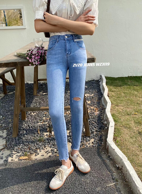 [zvzo] simple and slim jeans with holes wz3119# CLS