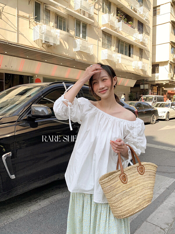 New in early summer! [rare she] drawstring sleeve design off shoulder blouse 5160# LSW
