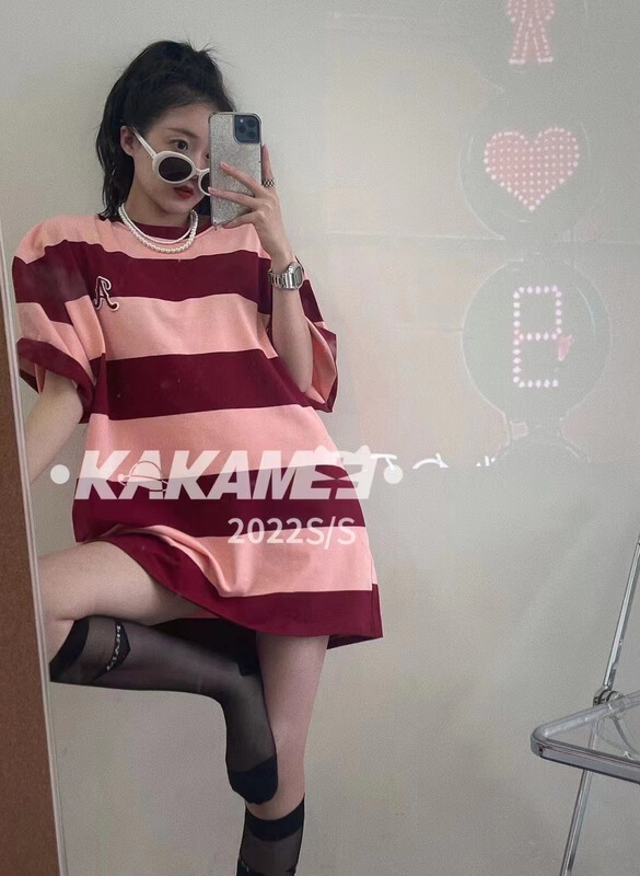 [Hello] Korean round neck stripe letter short sleeve T-shirt 9782# XYY