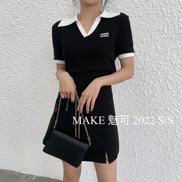 初夏上新!【MAKE魅可】高級撞色拼接Polo領小衫  50052#  XJ