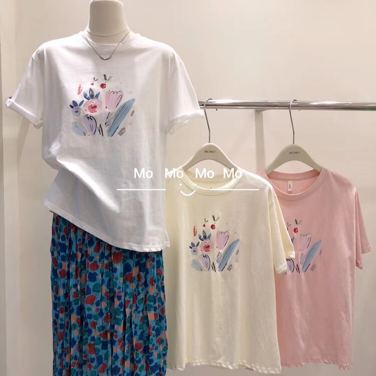 New in early summer! [Momo] Korean style flower print short sleeve T-shirt 3873# HBx