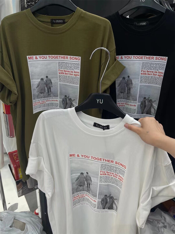 [Yu] personalized newspaper pattern Casual Short Sleeve T-shirt 1211# cqw
