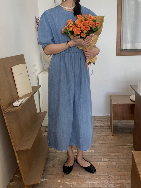 [forming-z] Korean version simple casual waist closing denim dress 91179# zxl
