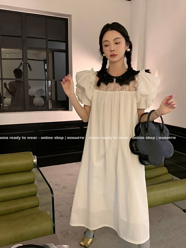 【N】法式蕾絲拼接泡泡袖長款連衣裙  0822-1#  WTT