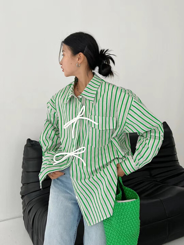New year in early spring! [Dore Dore] lace up and diagonal placket design striped shirt 1158# zxx