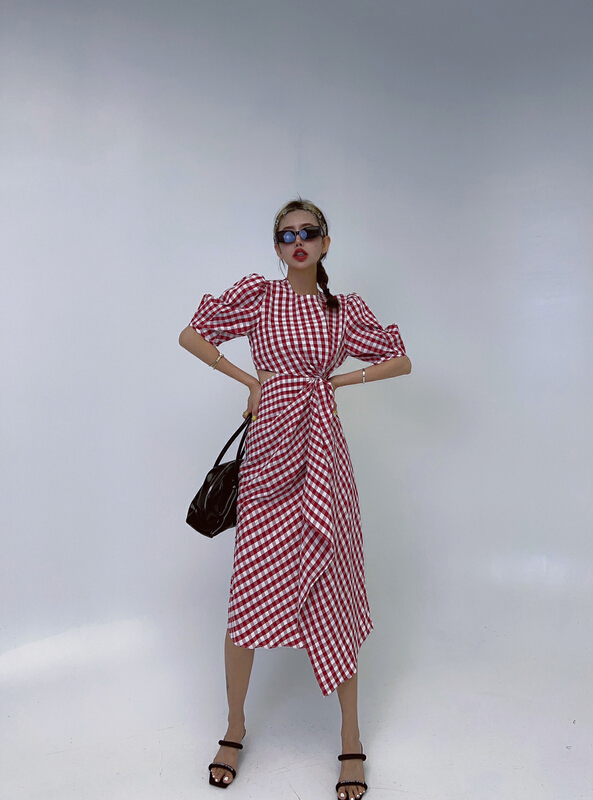 [d.two D2] high quality Plaid bubble sleeve dress 2203226# zxl