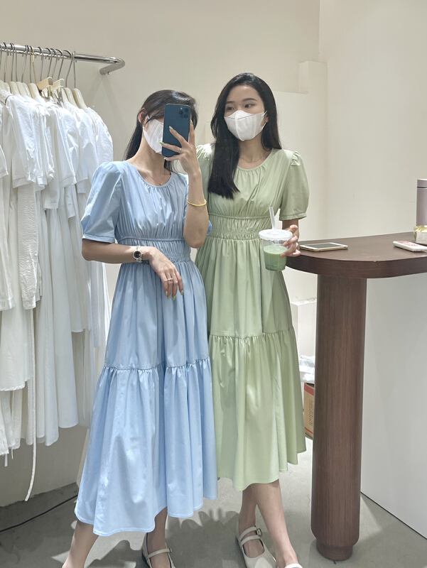 goods in stock! New in early summer! [from. V] simple solid color waist closing short sleeve dress 6609-1# L