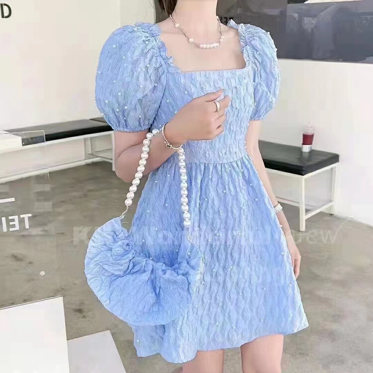 [Yingying new clothes] Korean style waist closing temperament nail bead square neck bubble sleeve fluffy dress (with pearl shoulder belt bag) 7390# Cl