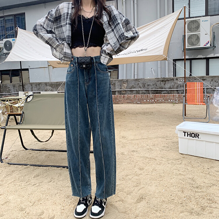 New year in early spring! [timely rain] Han Feng ins high waist straight tube with thin rough edge loose wide leg pants jeans b2895# jhy