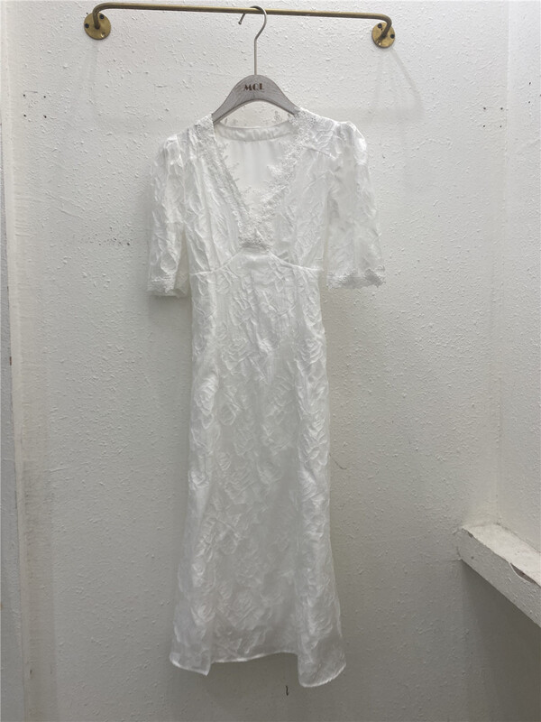 [MQL] simple texture bubble sleeve V-neck dress 446# CSX