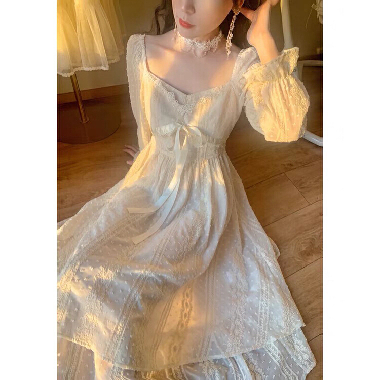 New year in early spring! [LML] French court square neck gentle bow dress (with waist rope) l01321# ozq