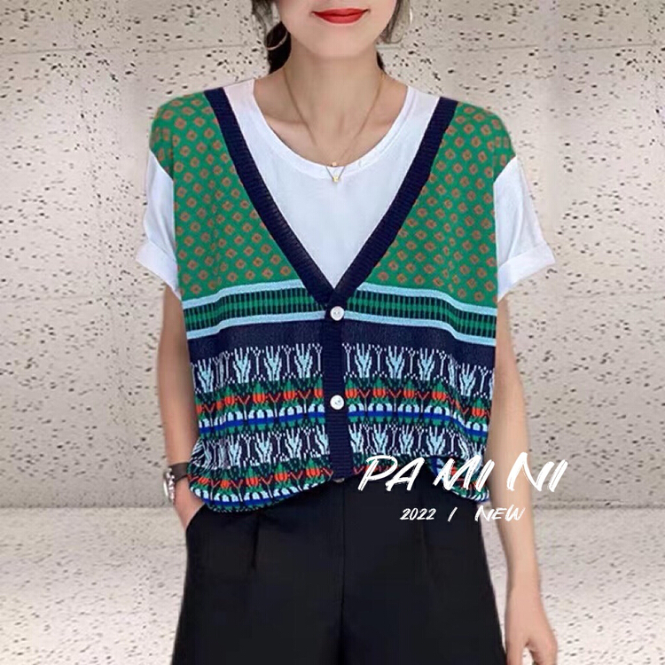 New in early summer! [pamini] French Vintage crew neck color matching sweater 2287# HJC