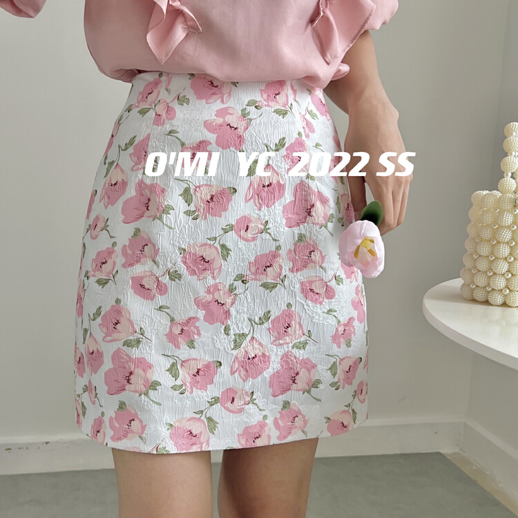 [O MI] high waist textured floral A-line skirt 5317# HBx