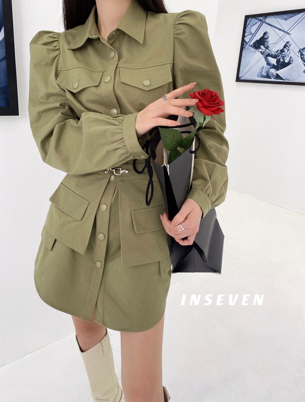 現貨!早春上新!【INSEVEN】歐韓設計感長袖連衣裙(配腰封)  23306#  OZQ