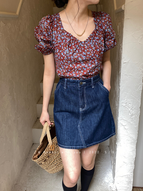 [moment with you] high waist and thin A-line versatile Hip Wrap denim skirt 1298# LSW