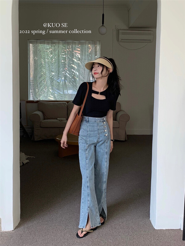 New in early summer! 【 kuose koser 】 Korean version round neck bubble sleeve hollowed out shirt 89866# WPL