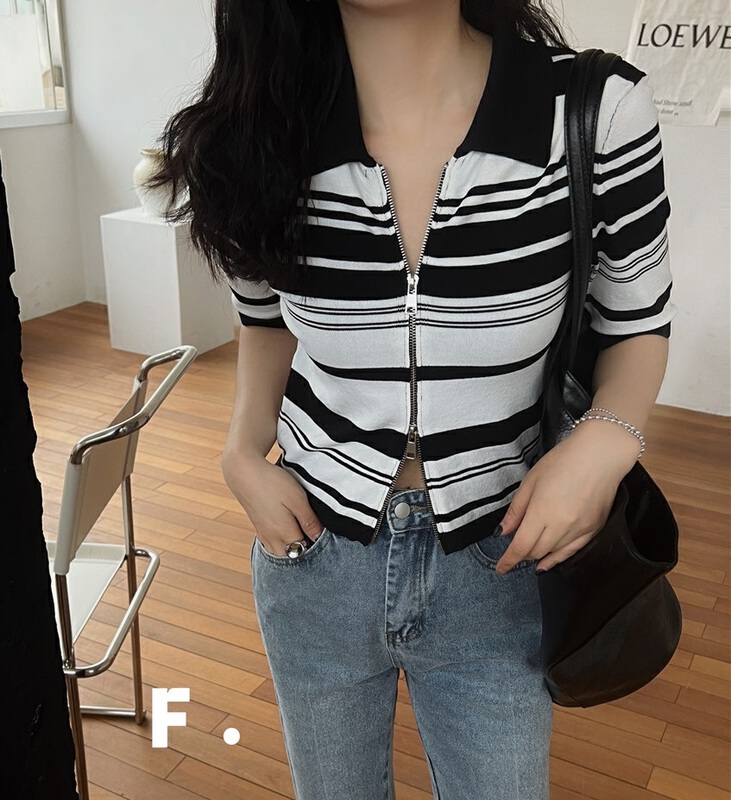 【F】 Zipper comfortable Korean striped knitted cardigan m110# zxx