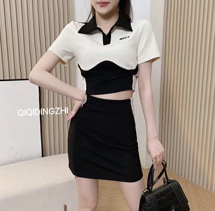 goods in stock! [HH] contrast color design Short Sleeve T-Shirt + temperament slim skirt set 2446# LSL