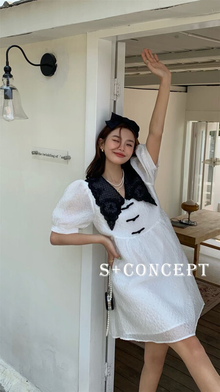 [S +] Chinese style buckle Chinese style bubble sleeve sweet dress 8701# cqw