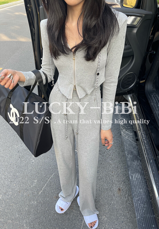New year in early spring! [lucky. Bibi] zipper design, retro foreign style short coat + slim casual pants set 916# cqw