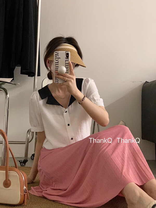 [thankq] contrast color fashion single breasted shirt 6873# zjy