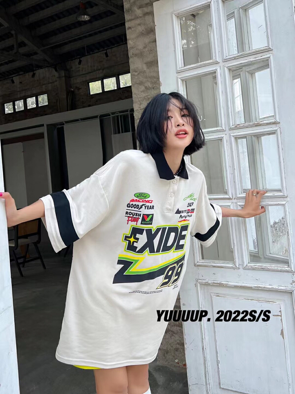 [yuup] contrast stitching letter printed polo shirt 622098# LSL