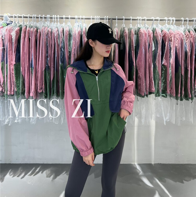 [miss Zi] Korean color blocking design hooded sunscreen shirt 2358# cqw