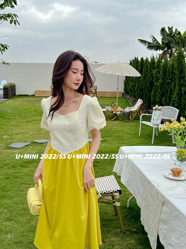 [U + Mini] niche splicing color contrast design bubble short sleeve dress d0639# WPL