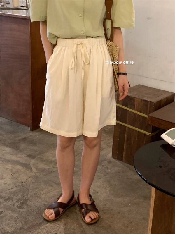 [a-bow studio] simple loose elastic waist lace up casual shorts 5585# ZSY