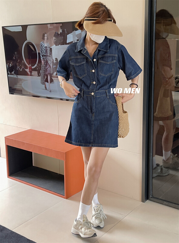 [Wo / men] shirt collar button up cuffed sleeve denim dress 2659# zxl